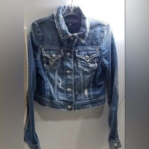Miss Me Fluer de Lis Distressed Denim Jacket.   Size L